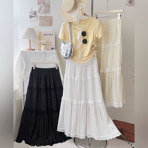 NEW White Polka Dot Lace Detail Tiered Midi/Maxi Skirt